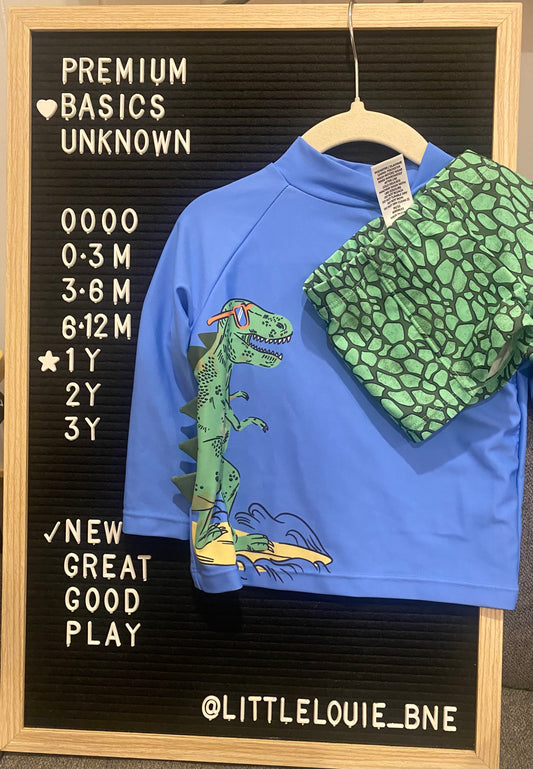Two piece blue and green dinosaur swimsuit