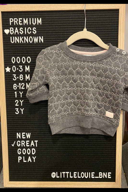 Grey jumper with heart embroidery and glitter buttons