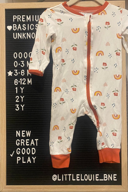 Flower and rainbow onesie, white with red trim