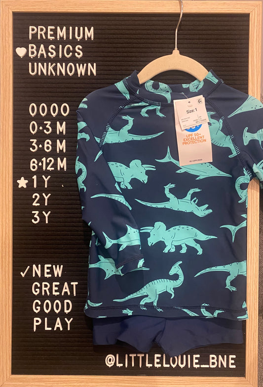 Navy and blue dinosaur two piece swimsuit