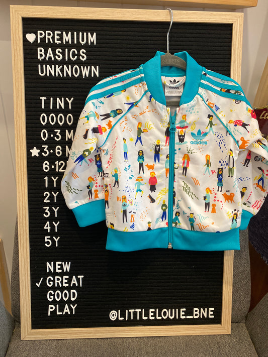 Teal and white zip jacket with people print