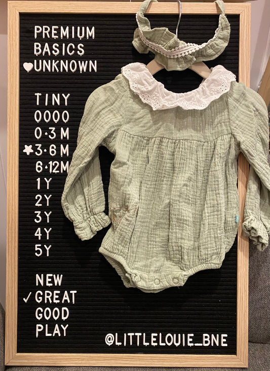 Sage long sleeve onesie with lace ruffle collar, headband and embroidery